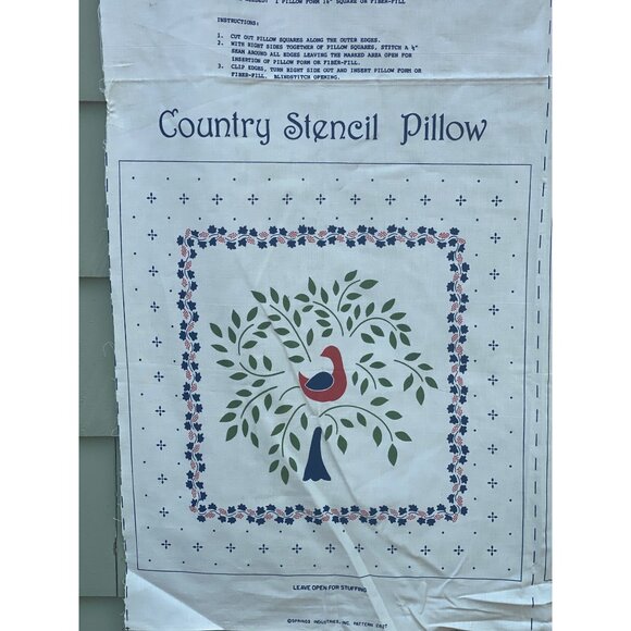 Country Stencil Pillow Cut and Sew panel 16 in Blue Red Bird Vintage - Picture 2 of 8
